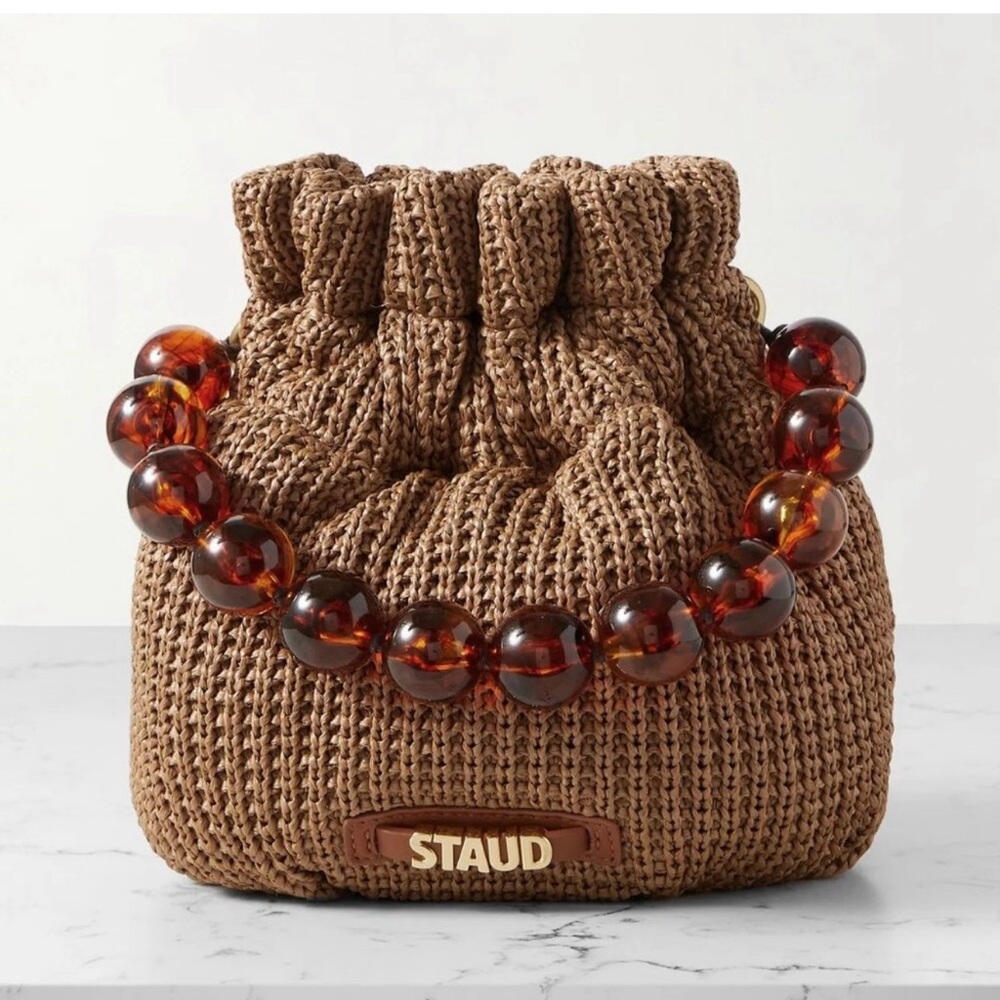 STAUD Tan Woven Bag with Gold Accents